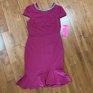 Betsey Johnson Pink Midi Dress with Embellished Neckline